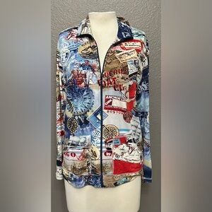 Chico's Full Zip Map Jacket Womens Multicolor Nautical Mock Neck Pockets Comfort